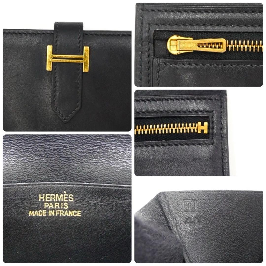 エルメス ベアン クラシック ブラック ボックスカーフ 長財布 二つ折り財布