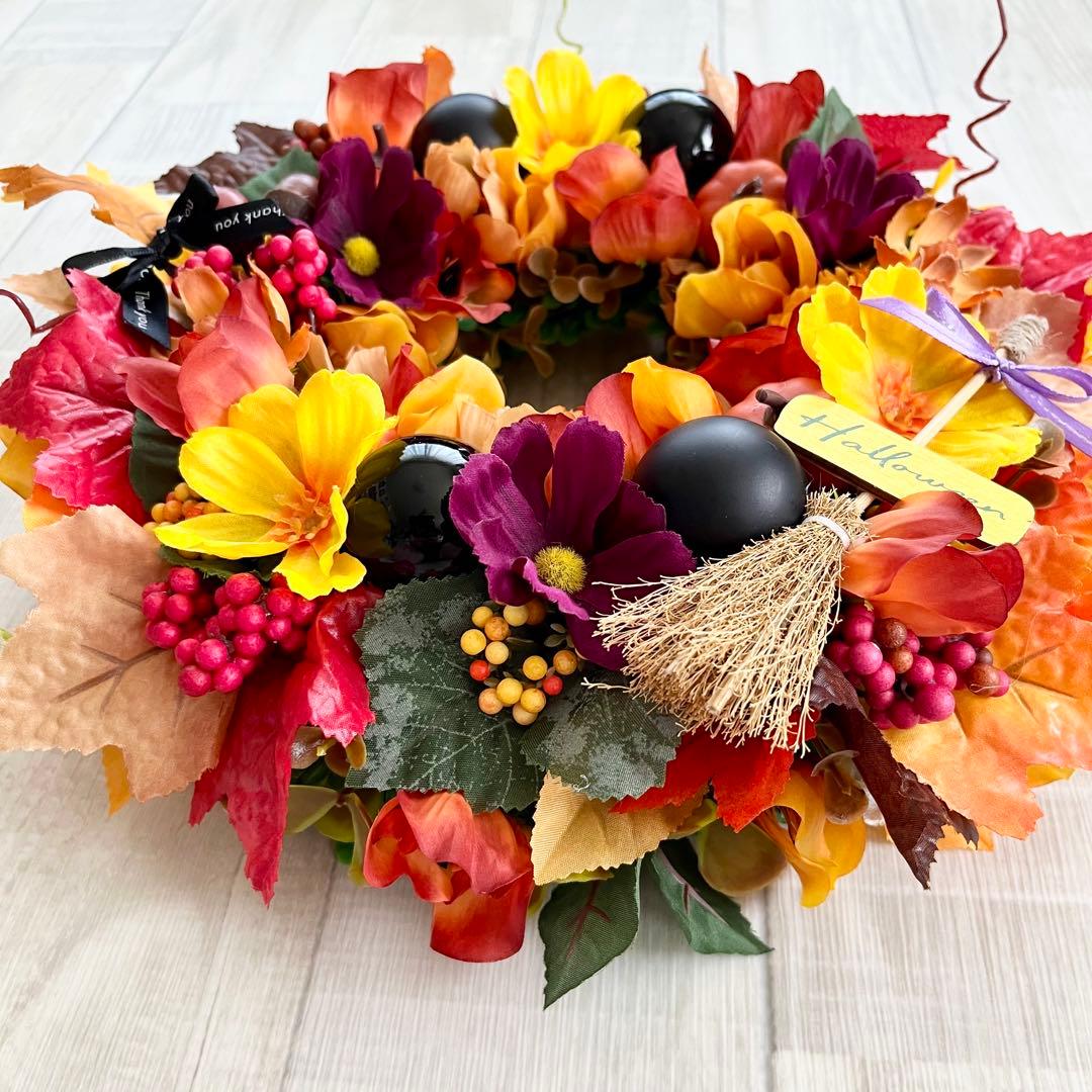 ハロウィン リース 秋リース 紅葉 カエデ 大人ハロウィン オレンジ 茶色 赤