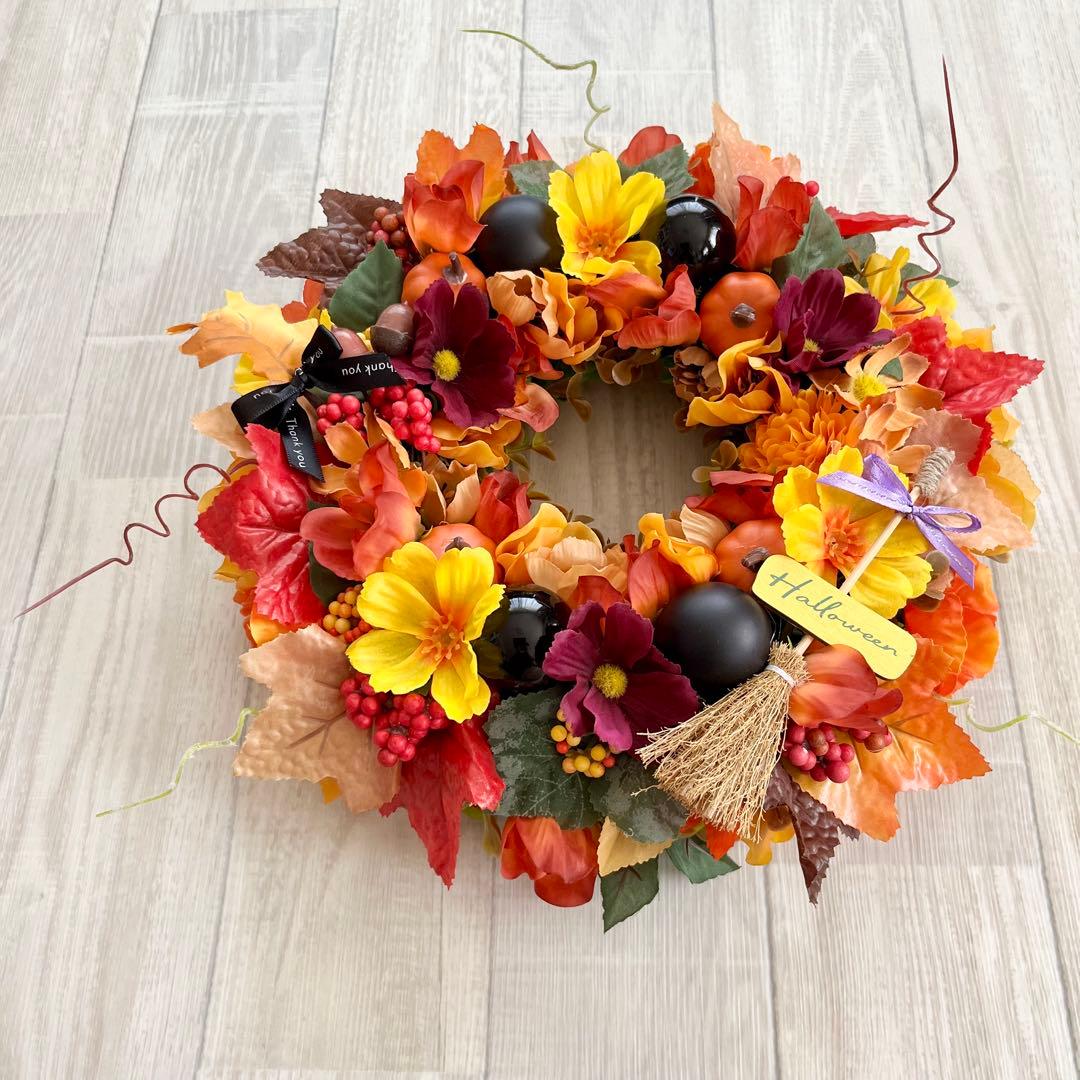 ハロウィン リース 秋リース 紅葉 カエデ 大人ハロウィン オレンジ 茶色 赤