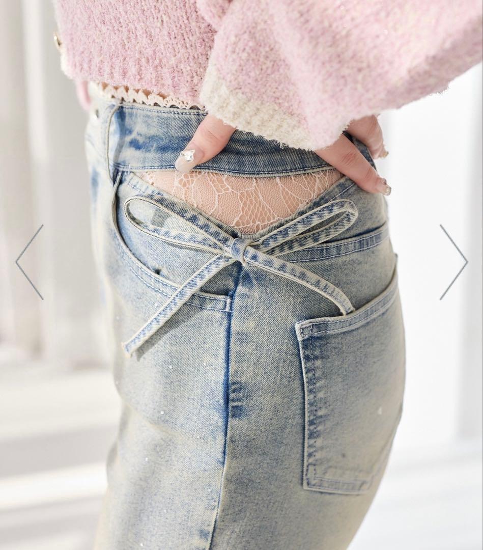 【今期予約商品】サイドカットレース美脚ビジューデニム