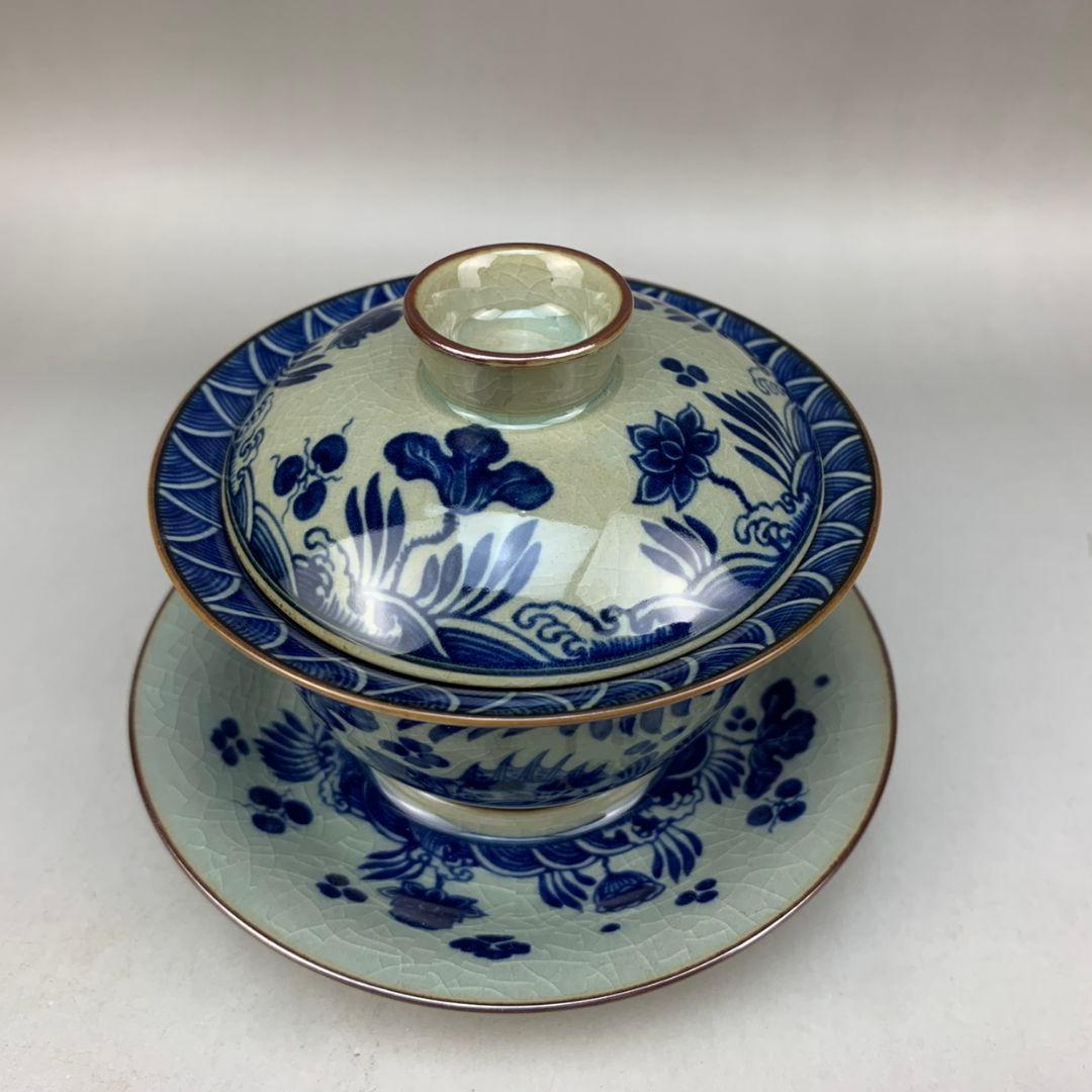 中国茶器 景徳鎮 陶磁器 鯖藻紋開片三才蓋碗 茶道具 工芸品 置物