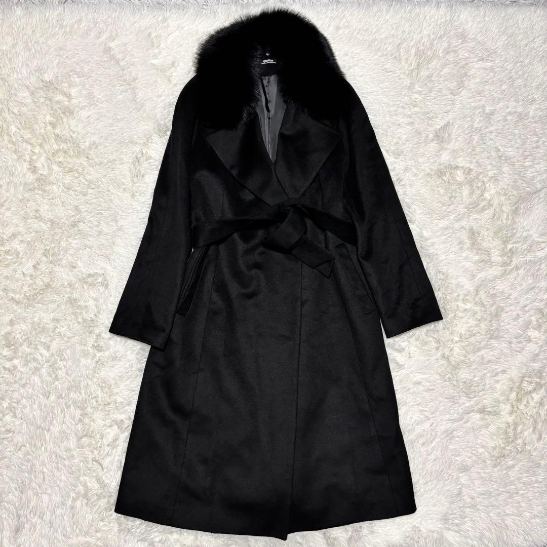 【横糸カシミヤ100%×極美品】マキシ丈ロングコート ベルト ブラック M