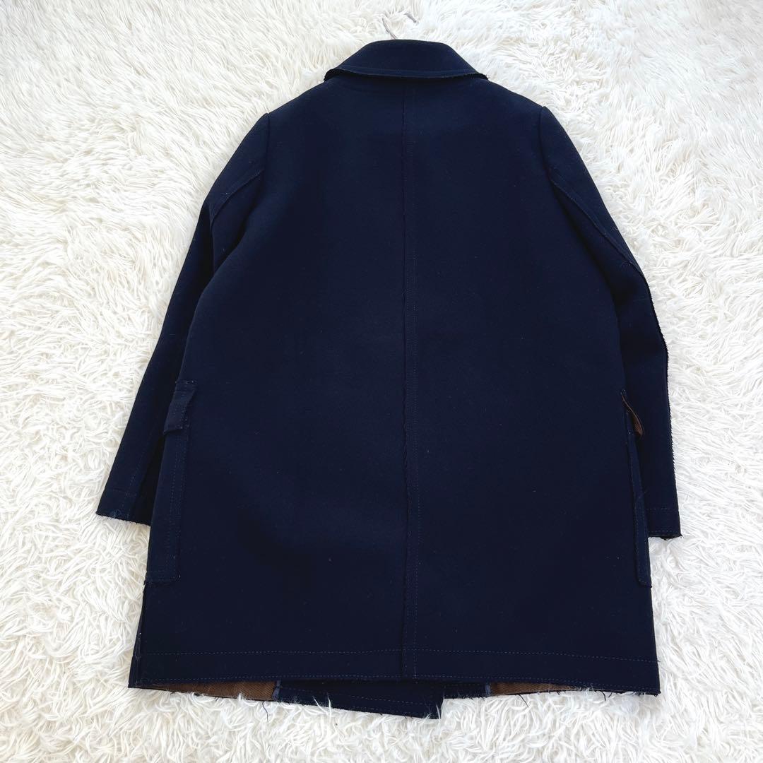 49AVジュンコシマダ ウール100 カットオフ ダブルピーコート ロング丈 紺
