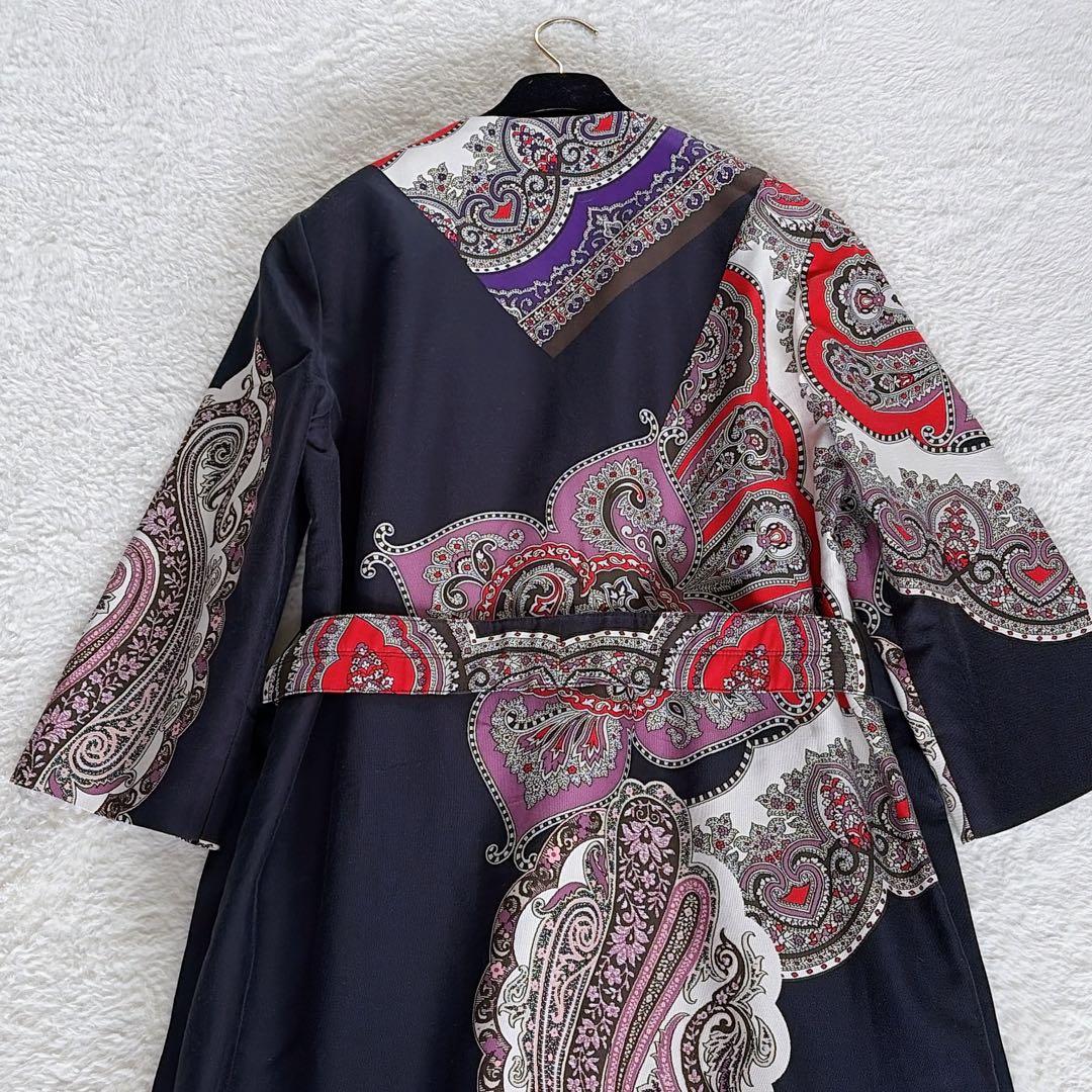 希少✨極美品【エトロ】ペイズリー柄ノーカラーコート ベルト シルクコットン 44