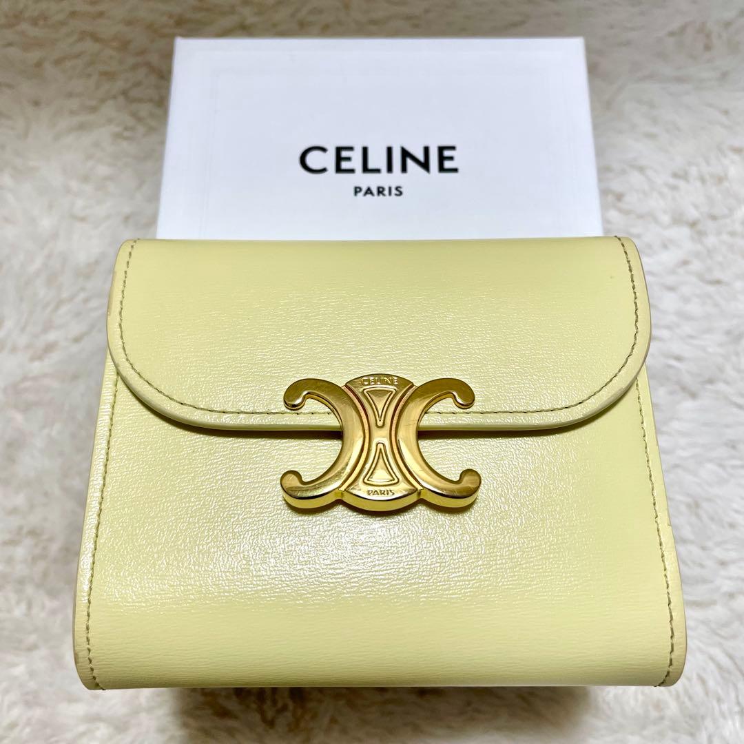 箱付 CELINE セリーヌ トリオンフ スモールフラップウォレット イエロー