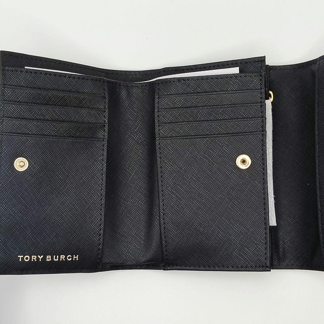 トリーバーチ 三つ折り財布 黒 金ロゴ サフィアーノ レザー 箱 袋 タグ付
