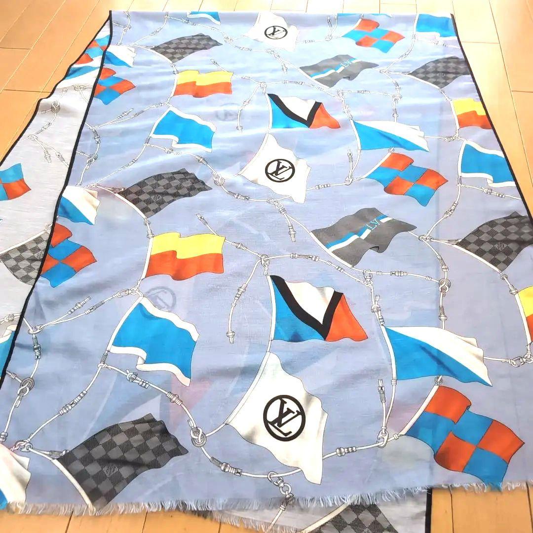 ルイヴィトン フラッグ柄 大判ストール コットン シルク カシミヤ 水色 405