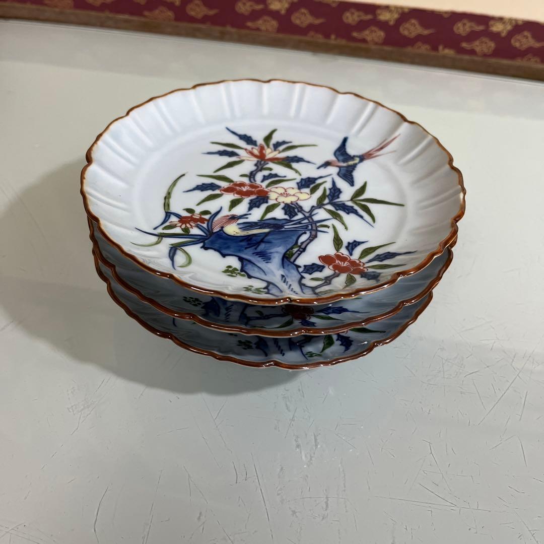 源右衛門　染錦花鳥紋　銘々皿3枚