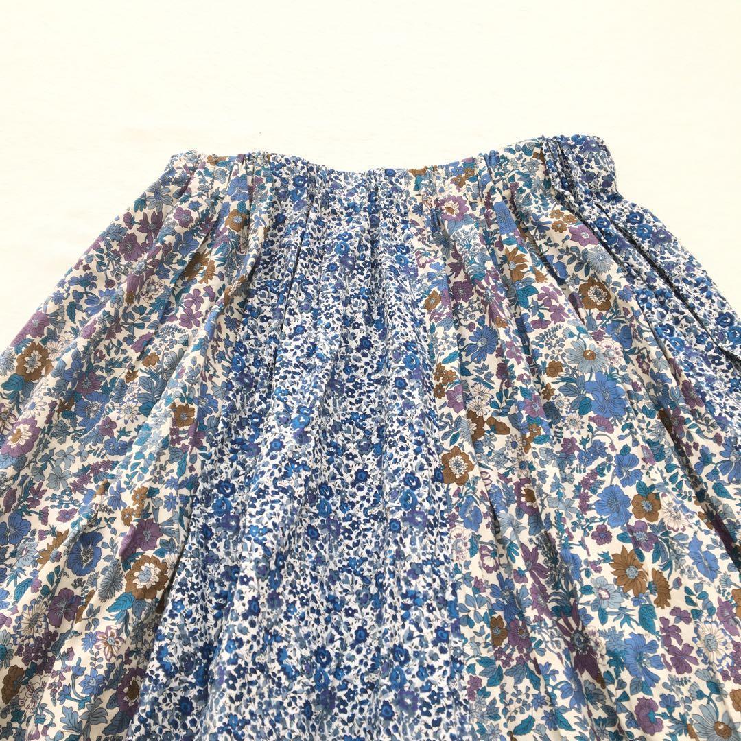 アデュートリステス フレアスカート リバティ パッチワーク 花柄 青 上品 美品