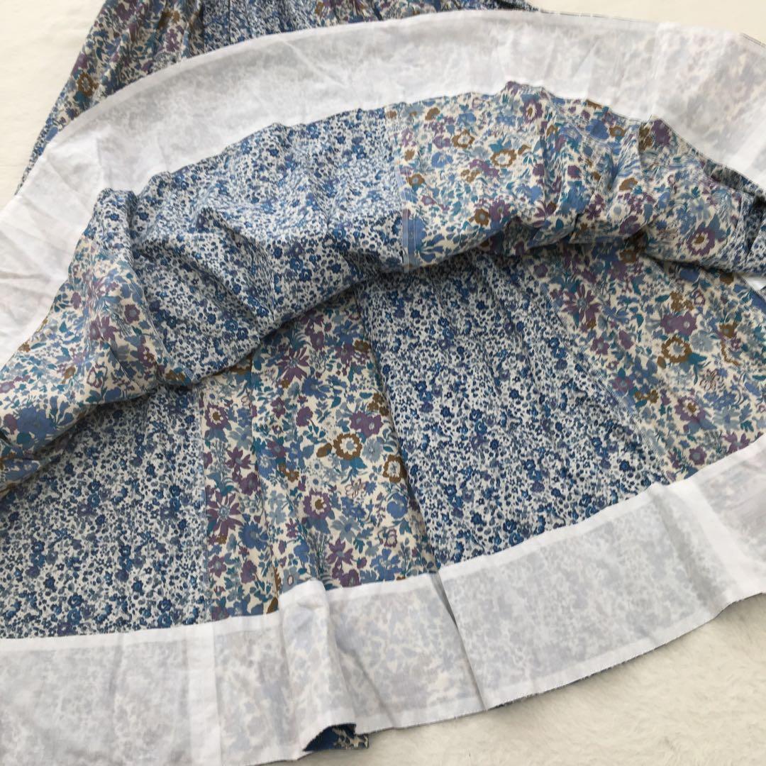 アデュートリステス フレアスカート リバティ パッチワーク 花柄 青 上品 美品