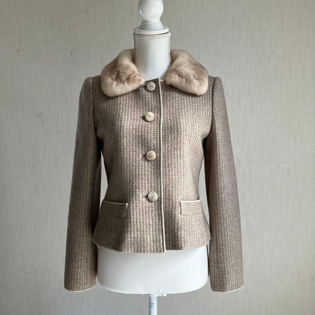 美品　FOXEY フォクシー　ミンク襟付きノーカラージャケット