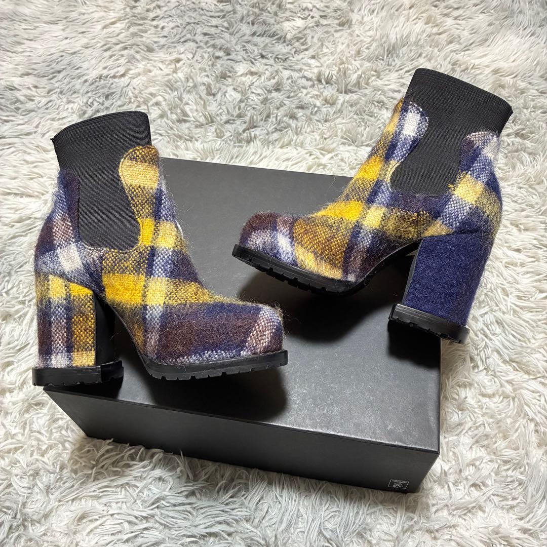 【ほぼ未使用】sacai ニット チェック ヒールブーツ〈定価97,900円〉