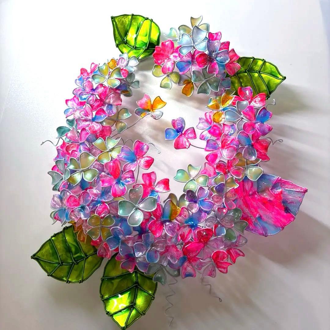 特注　大きなオーバル紫陽花リース　ワイヤークラフト　ディップアート　壁飾り