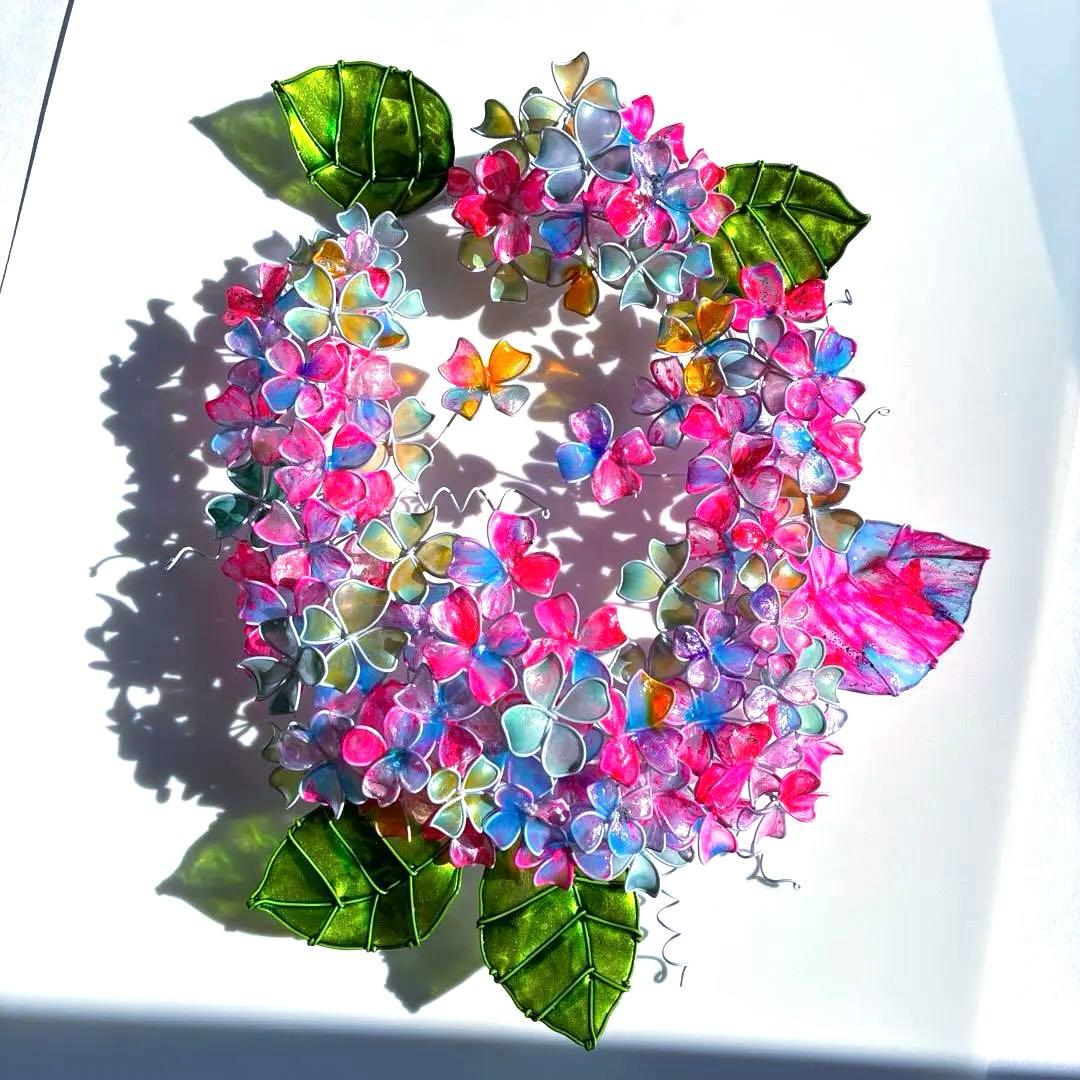 特注　大きなオーバル紫陽花リース　ワイヤークラフト　ディップアート　壁飾り
