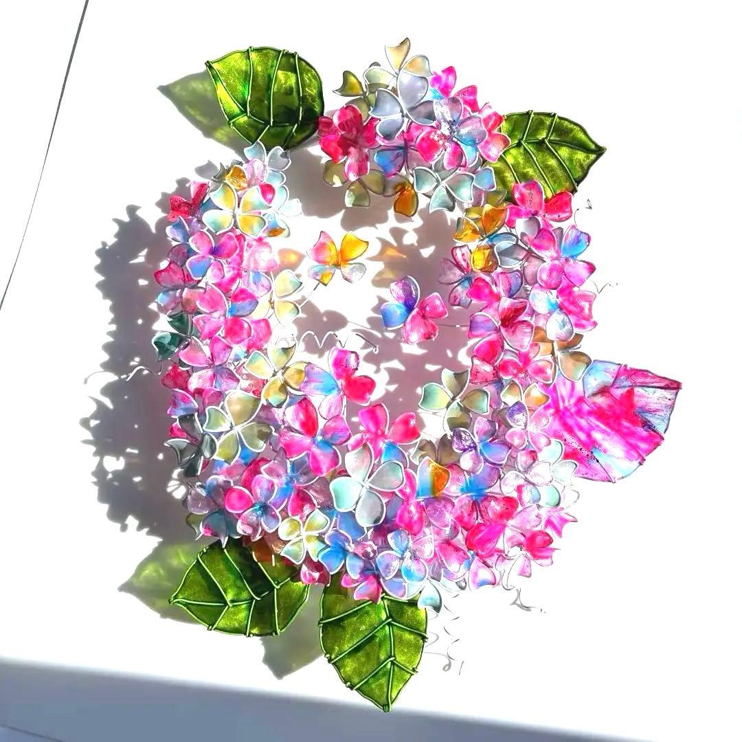特注　大きなオーバル紫陽花リース　ワイヤークラフト　ディップアート　壁飾り