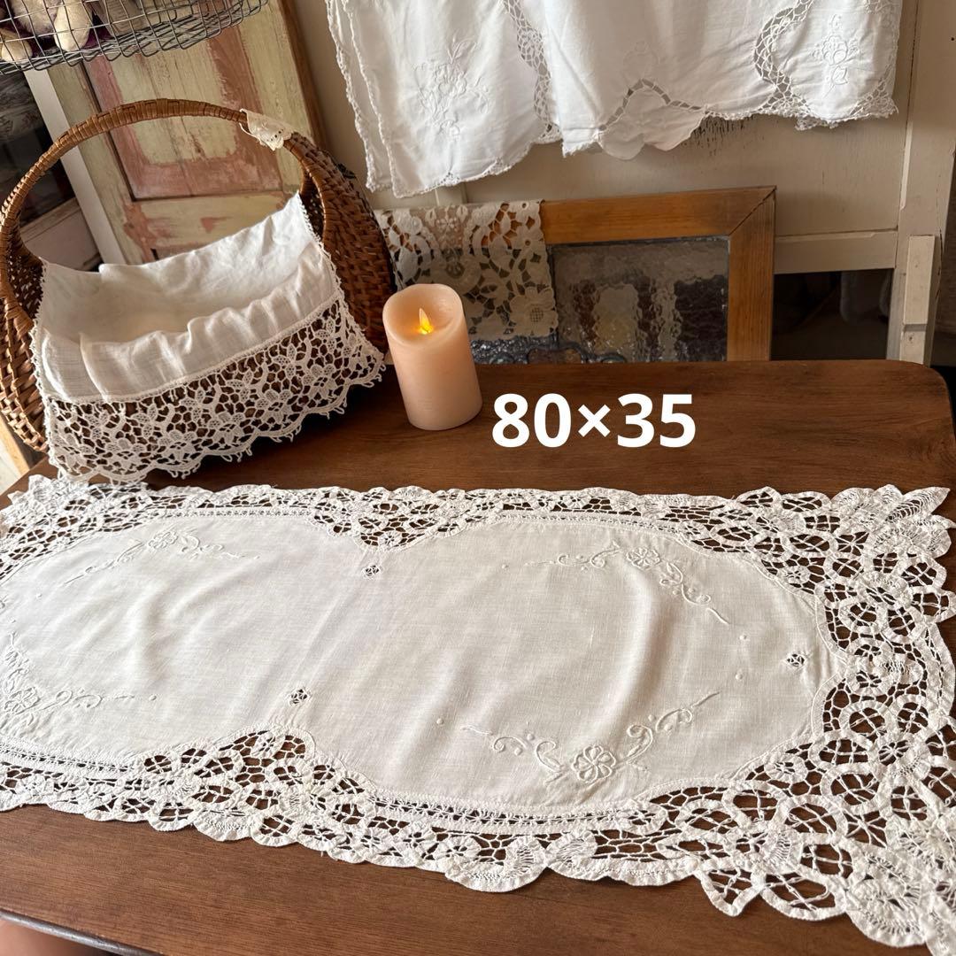 SALE❣️フランスアンティークஐ⋆バテンレースと花柄刺繍クロス・ロング