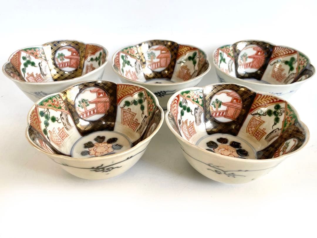 骨董　アンティーク　古伊万里　色絵　金襴手　輪花　小鉢　碗　輪花鉢　5客　お節