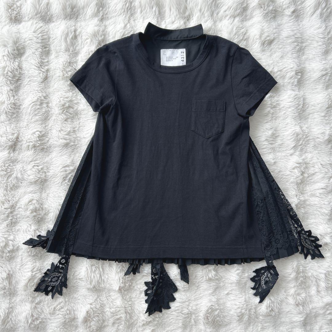 美品✨サカイ★バック　レース　プリーツ　Ｔシャツ　ブラック