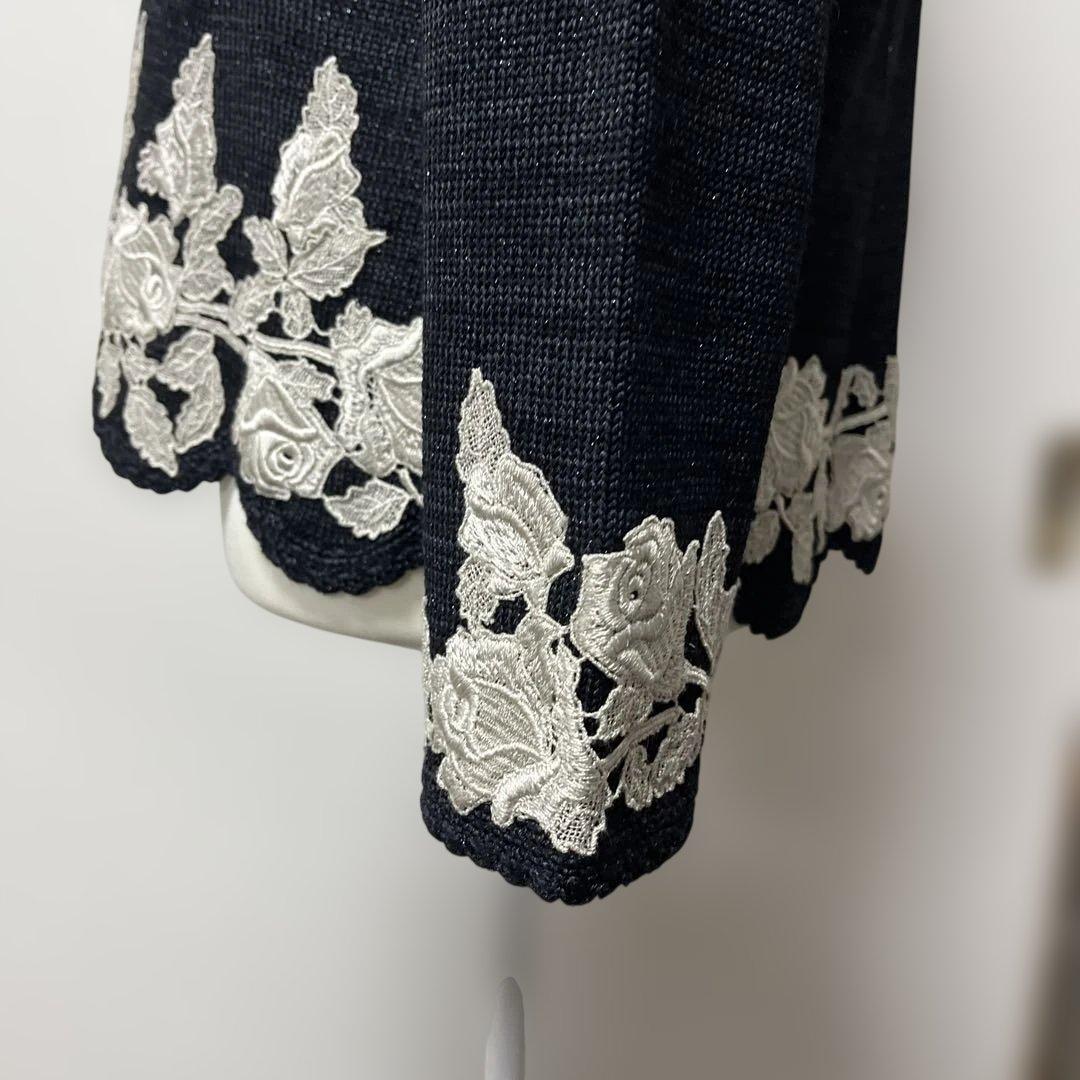 希少【ソワレドヒロミ】ハンドメイド バラ刺繍 ニットカーディガン 絹混 M 黒