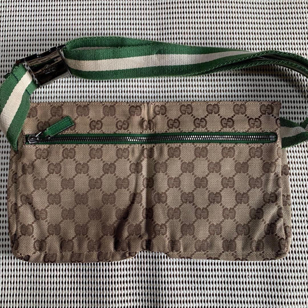 GUCCI グッチ　ウエストポーチ　GGキャンバス レザー　グリーン