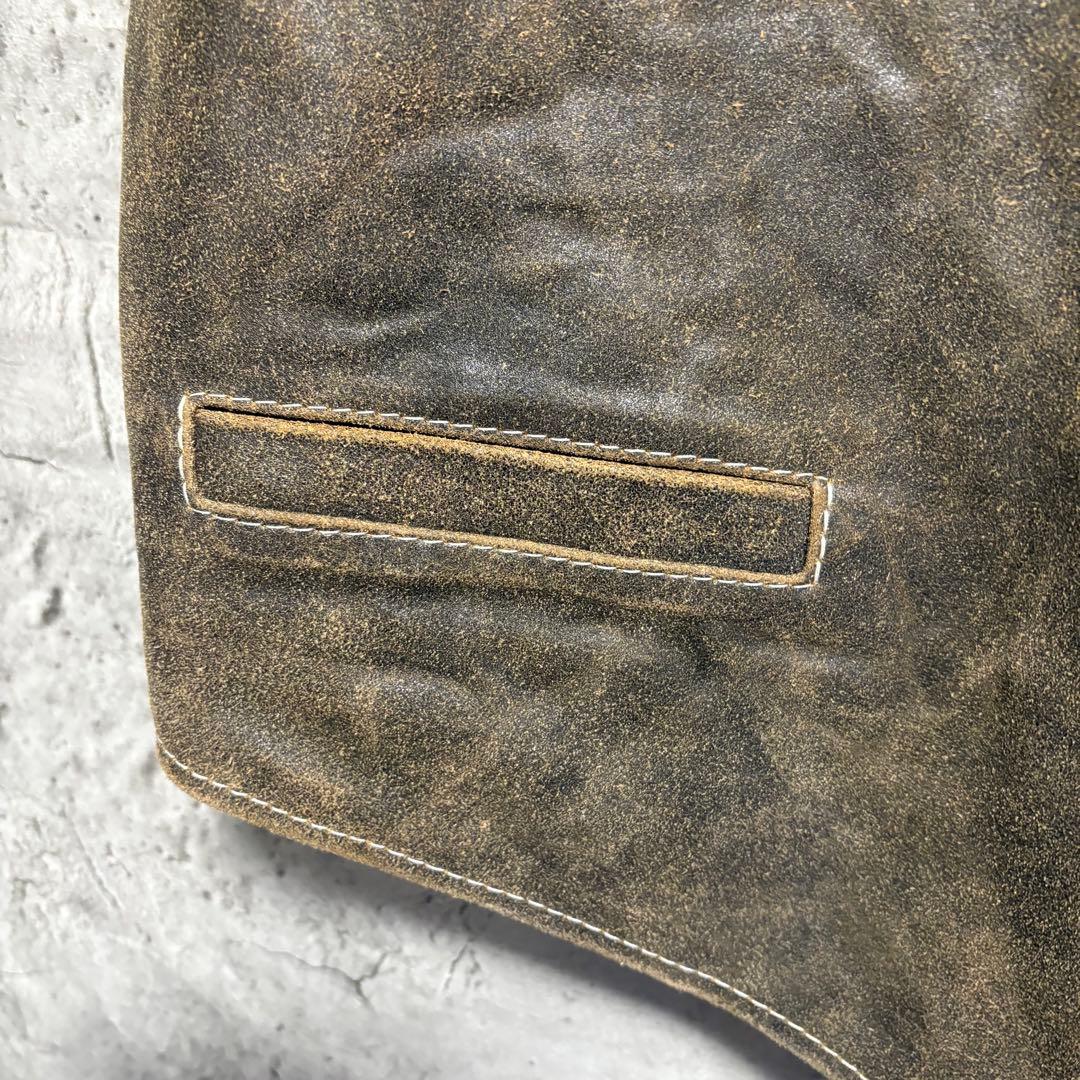 ビンテージ　レザーベスト　刺繍ロゴ　古着　本革　XL