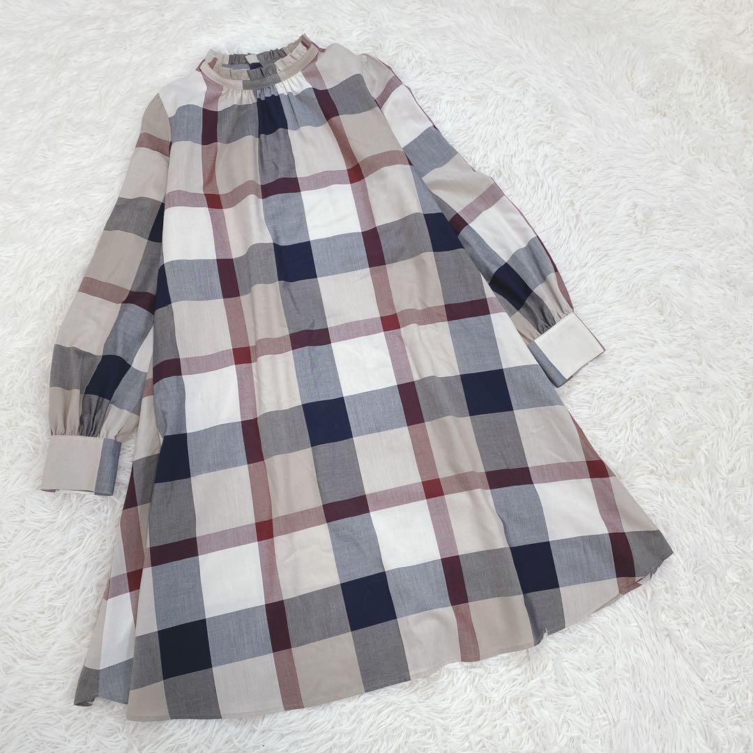 美品 ブルーレーベルクレストブリッジ チェック柄ワンピース フリル襟 春ワンピ