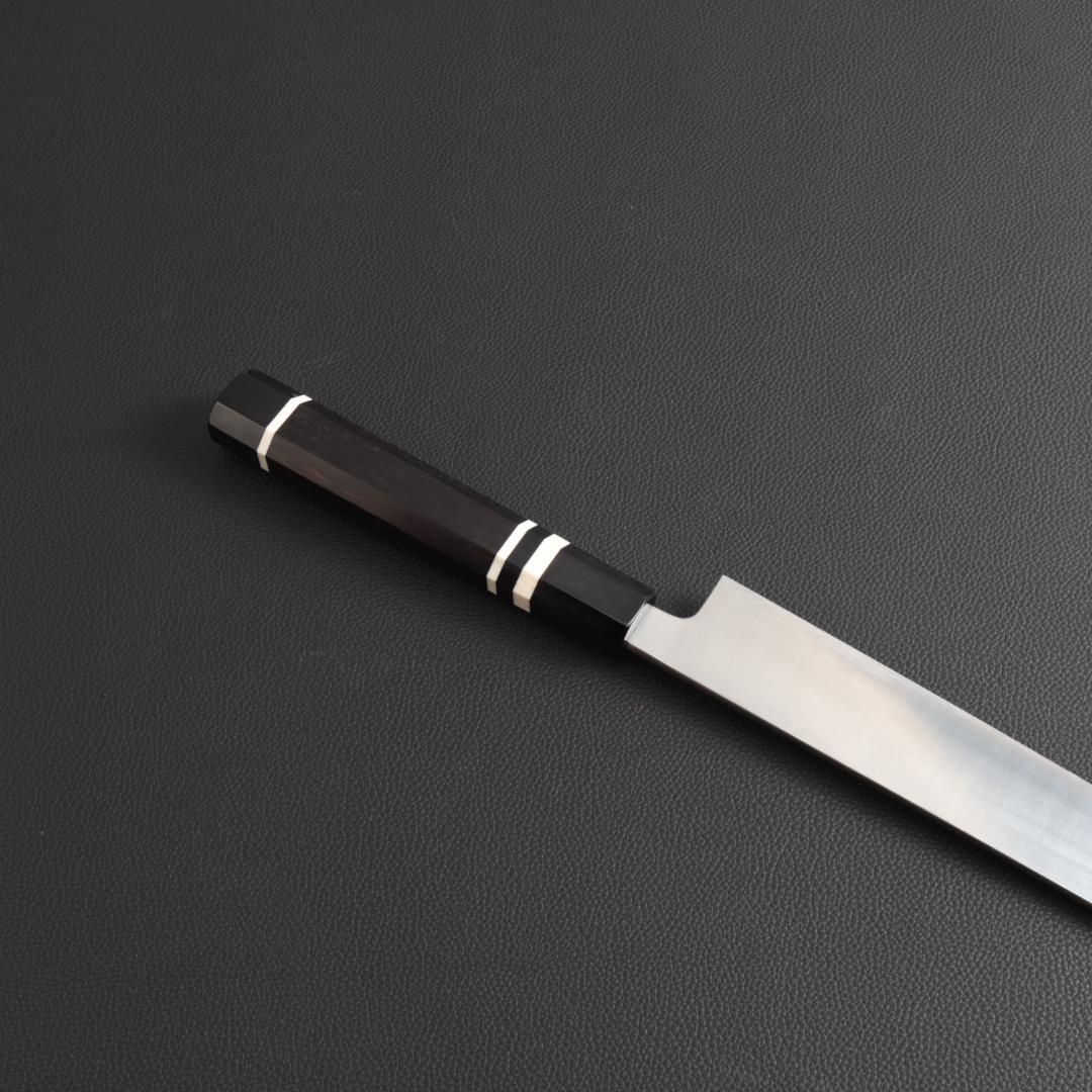9364 柳刃包丁 9寸 刺身包丁 刃は究極の切れ味 黒檀黒水牛角白三本巻八角柄