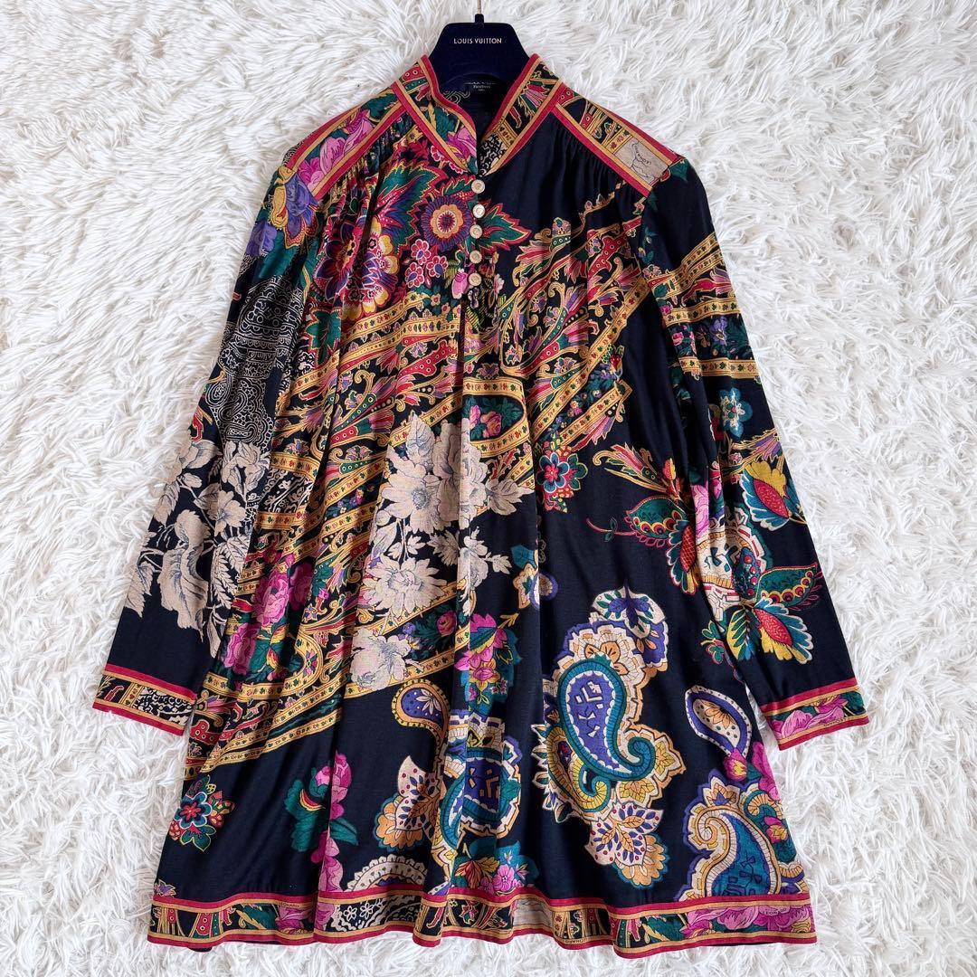 美品　レオナール　シルク　ワンピース　トリム　花柄　ペイズリー　黒　Mサイズ
