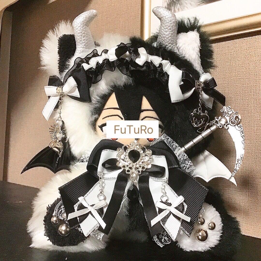 【117】ねこ デビル 黒＆白 おすわり　ぬい服　16cm 着ぐるみ