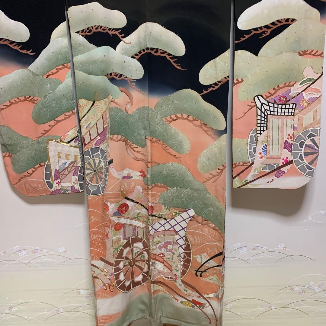 13★振袖　美品　縮緬　御所車松花刺繍　金駒刺繍　裄63cm★