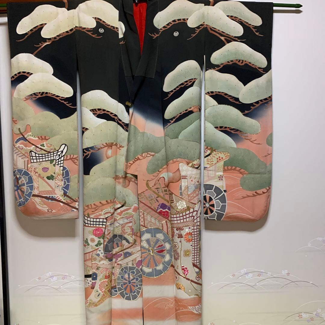 13★振袖　美品　縮緬　御所車松花刺繍　金駒刺繍　裄63cm★