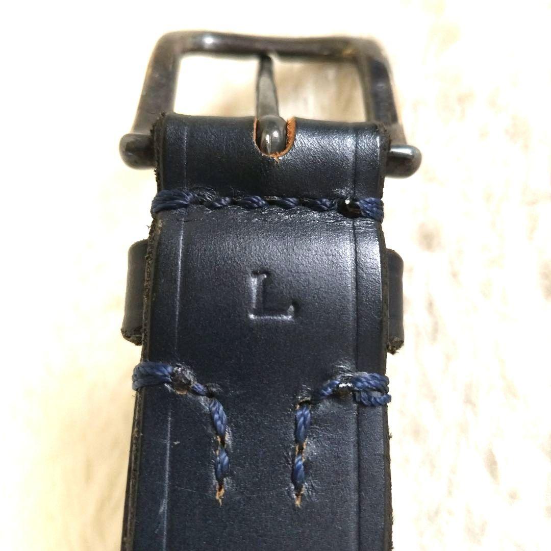 美品 GANZO ガンゾ スクエアバックル ロゴ刻印 レザーベルト ネイビー