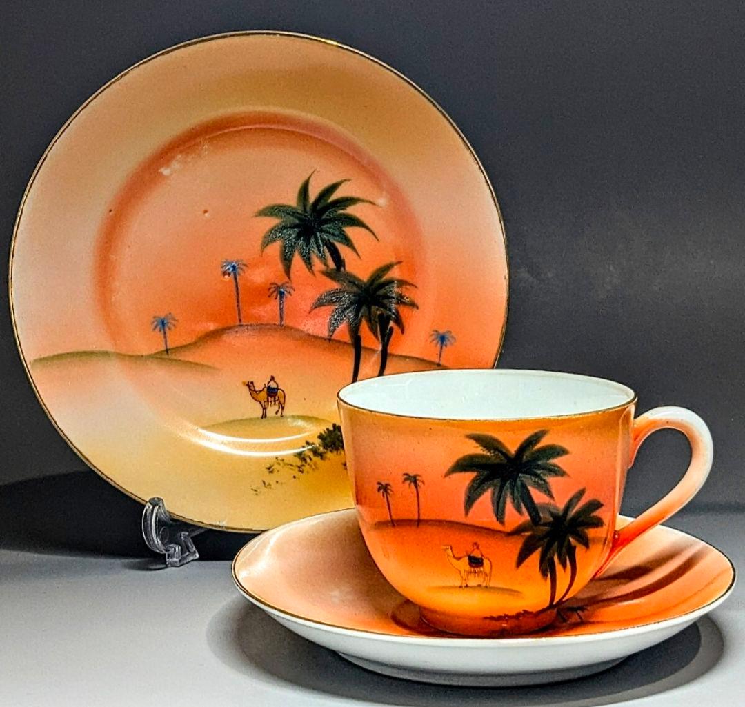 オールドノリタケ美品！金彩砂漠風景画 トリオセット　カップ＆ソーサー　プレー卜