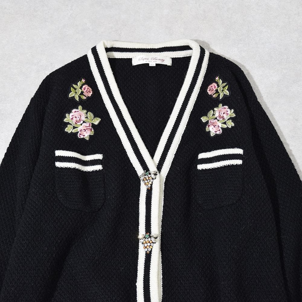 Super Beauty 花 刺繍 ミツバチ ビジュー装飾 ロングカーディガン