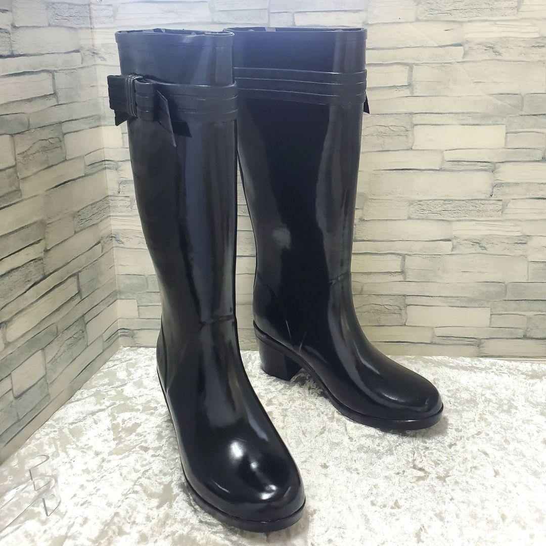 【美品】✨kate spade 24cm レインブーツ 黒 リボン 水玉 7
