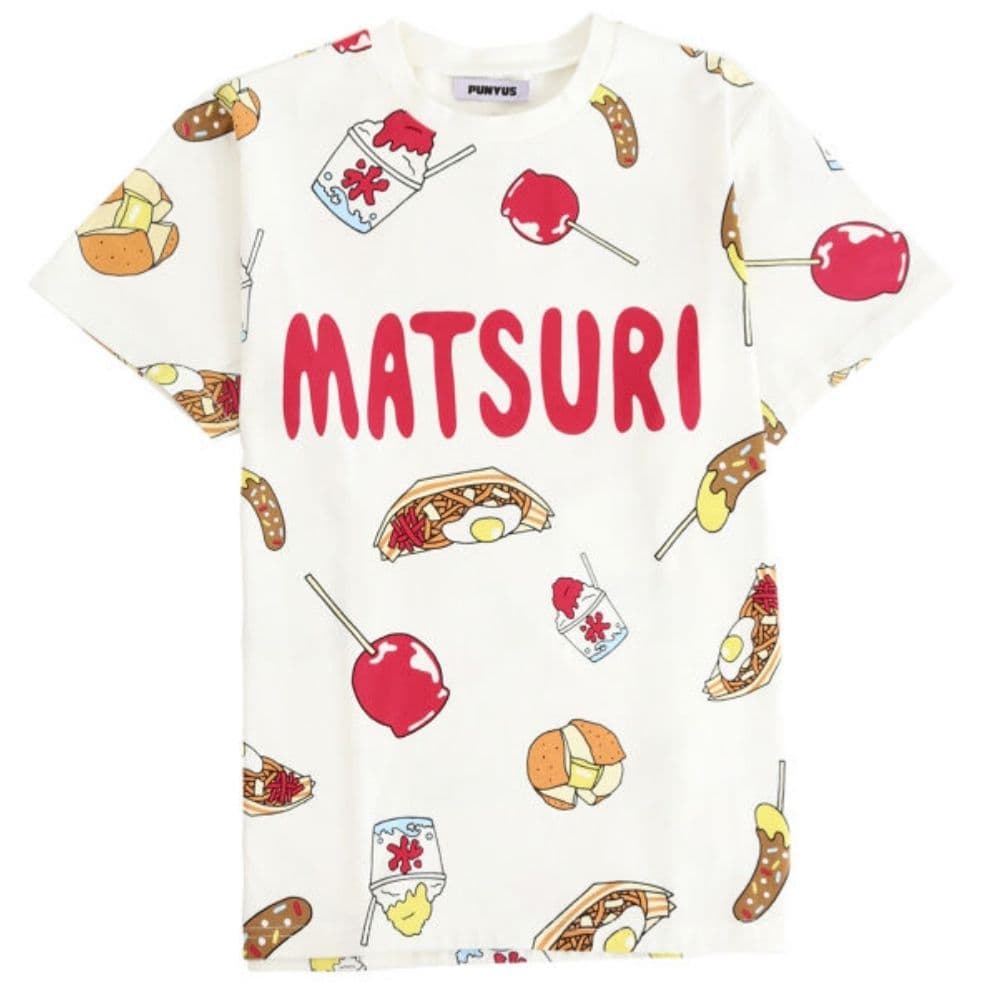 新品 お祭り punyus Tシャツ プニュズ 屋台 焼きそば 総柄 りんご飴