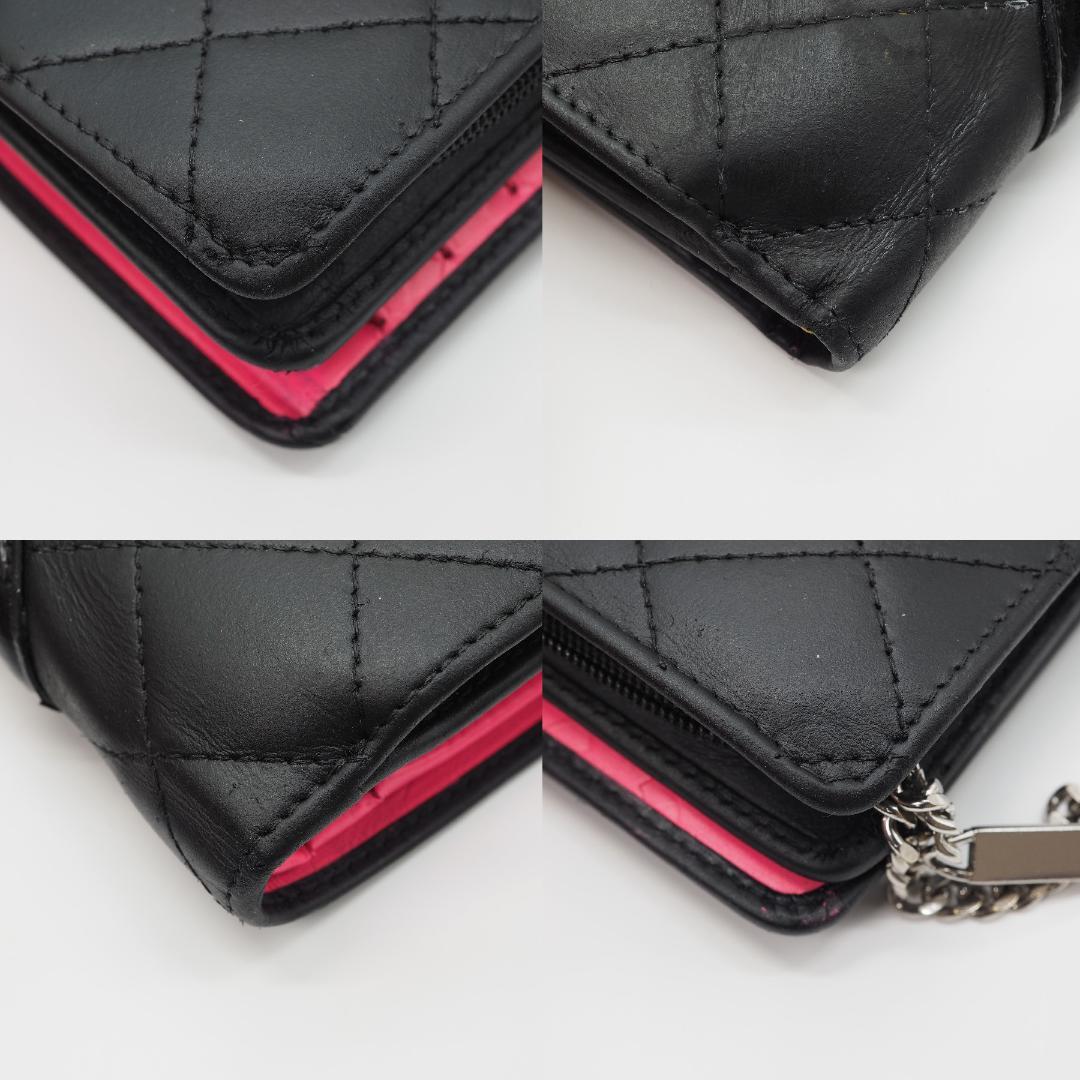 CHANEL シャネル カンボンライン ミドル 2つ折り財布 黒×ピンク