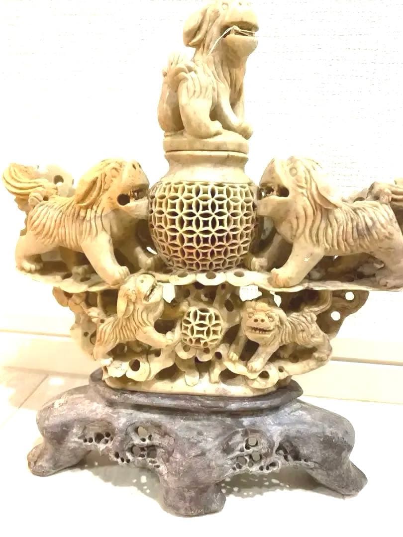 『中国』　天然石 青田石 骨董彫刻 置物 アンティーク 獅子鈕蓋爐 大香炉 置物